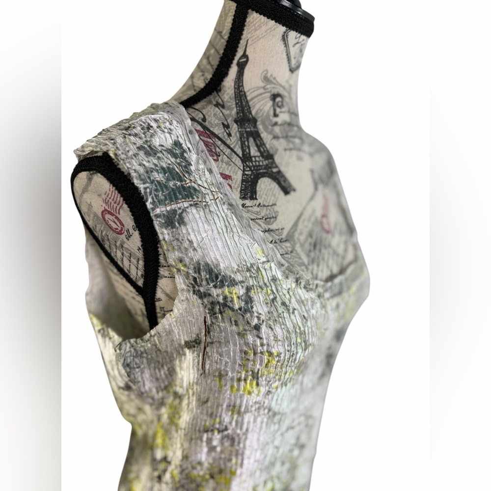 Milano Tree Landscape Print Crinkle Tunic Top - Artsy Green White Size L - Picture 5 of 10